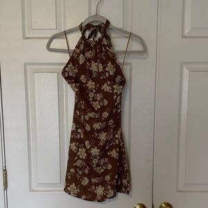 Rhythm Brown Floral Halter Mini Dress with Cream Pattern